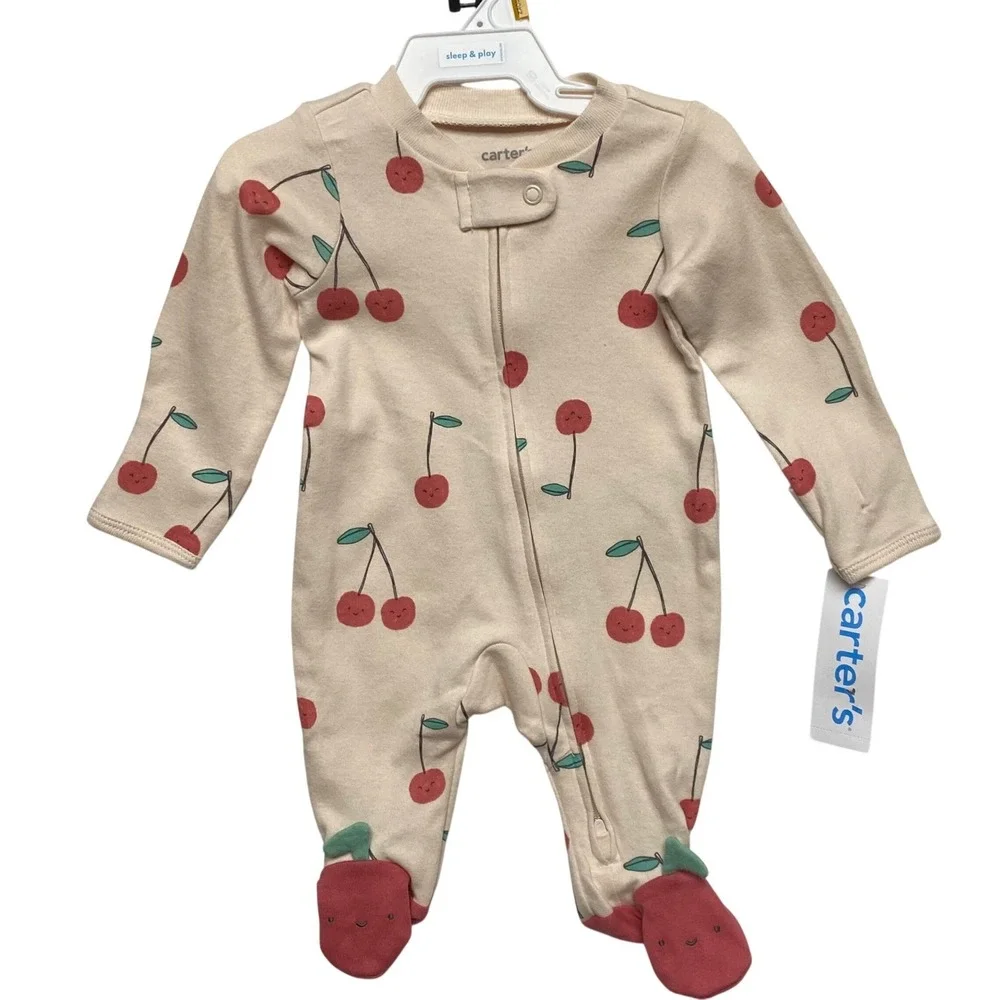 Carters Baby Girls 3M Cherry Print Sleep and Play 2-Way Zip‎ Footed Romper NWT